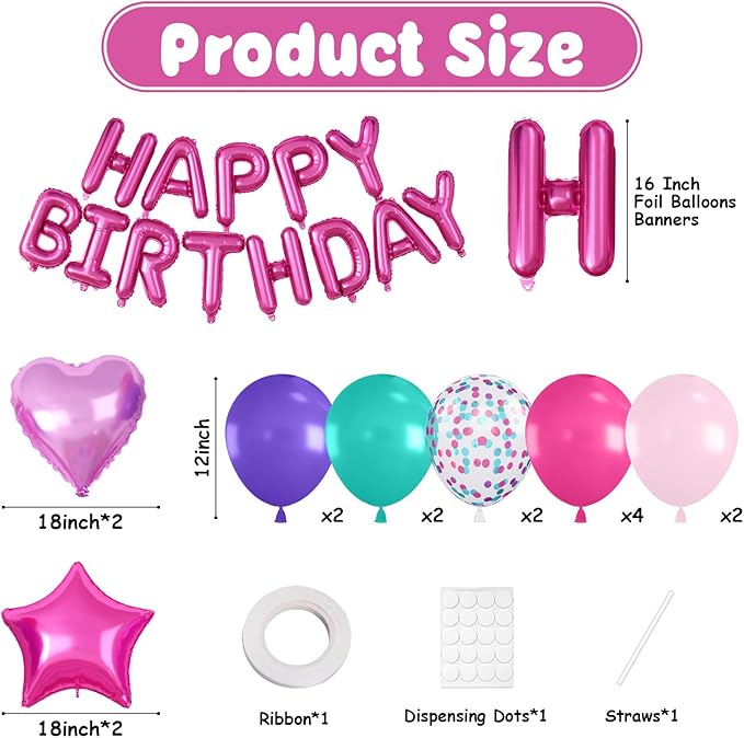 29PC Pink Purple Happy Birthday Balloon Banner, 16Inch 3D Aluminum Letter Banner Sign, Purple Hot Pink Teal Blue Confetti Balloons 18 Inch Heart Star Foil Balloon for Women Party Supply