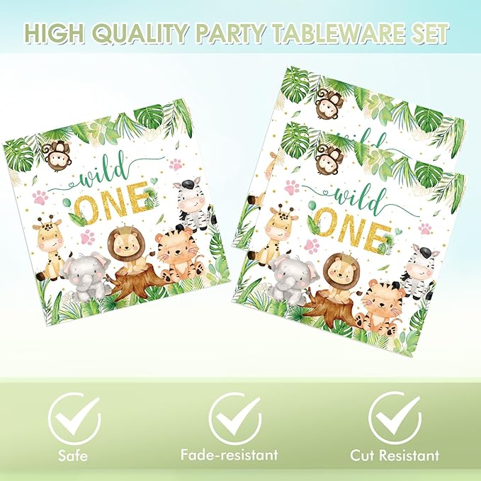 40PCS Wild One Birthday Decorations First Birthday Party Jungle Animal Safari Baby Shower Woodland themed Tableware Set Include Paper Plates, Napkins for Boys 1st Kids Wild One Party Supplies