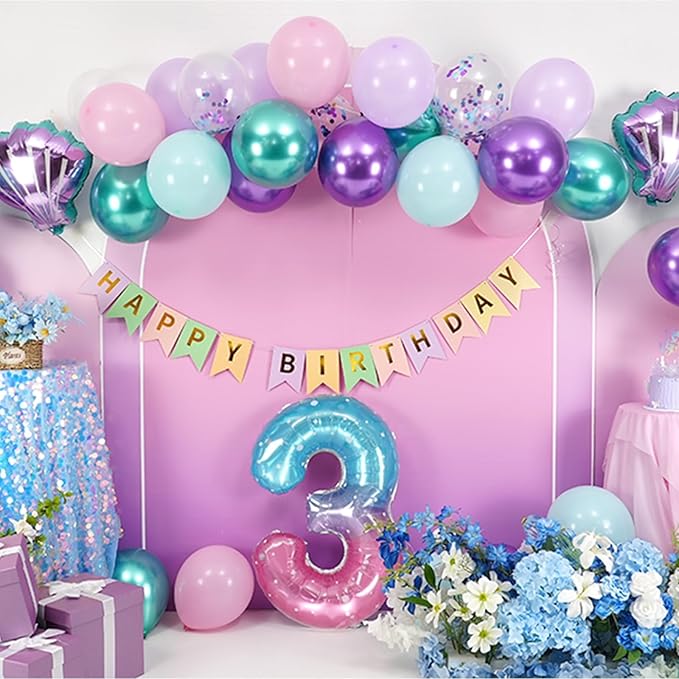Mermaid 3rd Birthday Decorations for Girls,3rd Party Decorations Metallic Purple Green Pink Blue Latex Balloons Number 3 Seashell Foil Balloons Banner Cake Topper Sea Party Decor