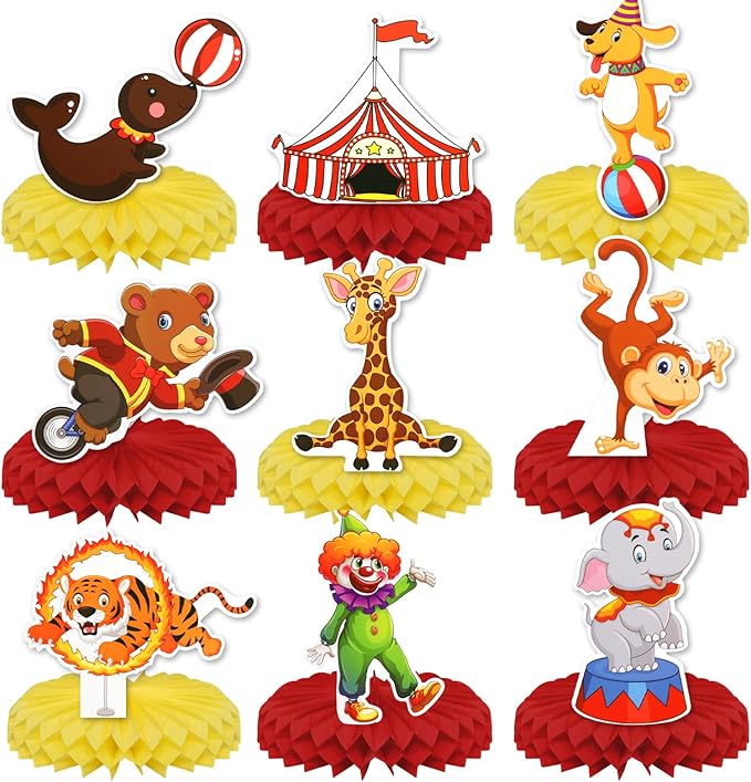 Carnival Circus Honeycomb Centerpieces, KSKSPE 9Pcs Carnival Circus Party Table Centerpieces Carnival Circus Birthday Decorations Carnival Theme Party Table Decoration for Carnival Circus Supplies