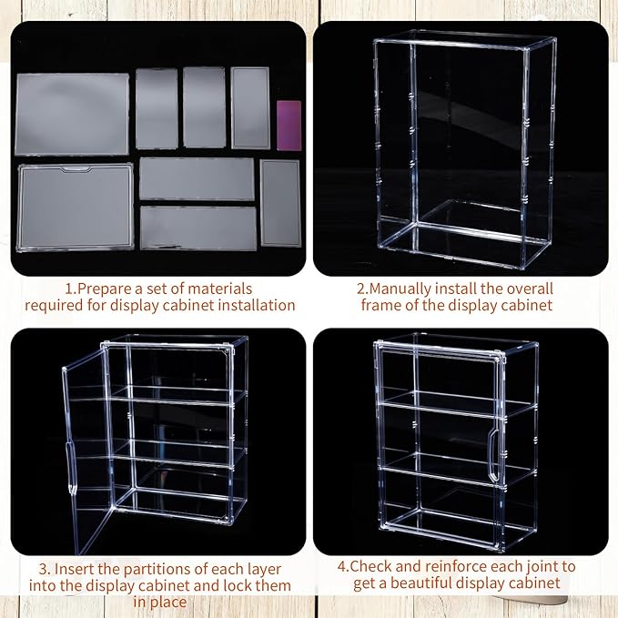 4 Pcs Clear Acrylic Display Case Plastic Stackable Storage Bins 3 Tier Display Shelf Storage Boxes Cabinet Organizer with Magnetic Door for Action Figures,Collectibles(Small)