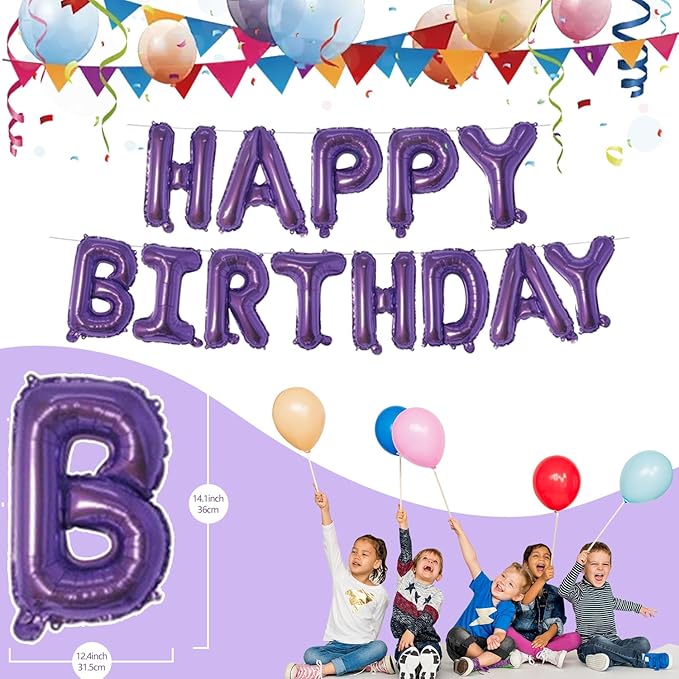 Dark Purple Happy Birthday Balloons Banner 16 Inch Mylar Foil Letters, Inflatable Party Decor and Birthday Decorations for Women, Men, Boys & Girls Kids and Adults, Reusable, Party Supplies