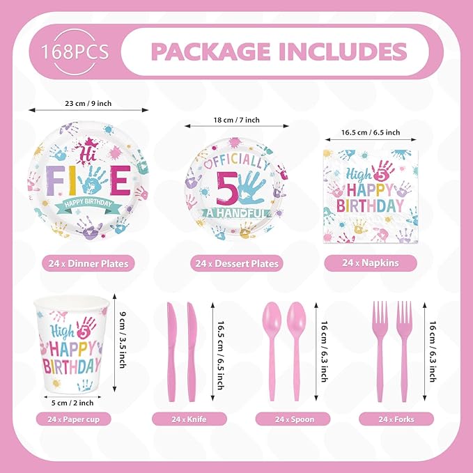 168Pcs Hi Five Birthday Party Decorations Colorful High Five Theme Plates and Napkins Cups Forks Disposable Boho 5th Tableware Sets for 5 Years Old Birthday Party Supplies Serves 24