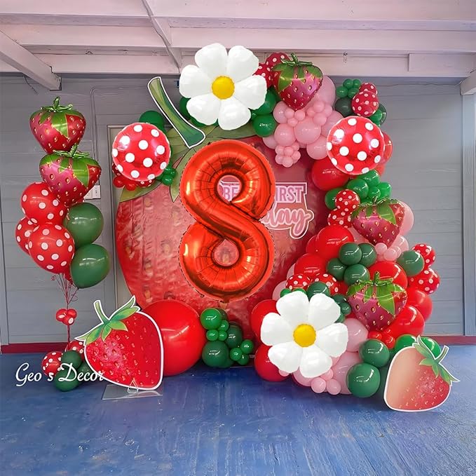 Strawberry Balloons Eighth Birthday Decorations for Girl, 40 Inch Mylar Red Number 8 Balloons, Strawberry Balloon for Strawberry Party Decorations, Strawberry Birthday Decorations