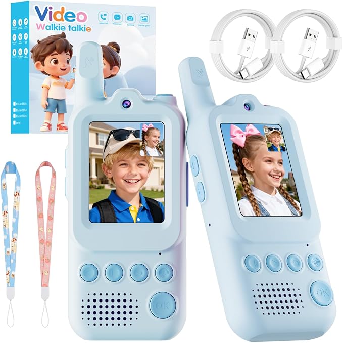 Video Walkie Talkies for Kids 2 Pack Rechargeable Video Intercom, Long Range Radios, Outdoor Adventure Toys, Birthday Gifts for Boys Girls Ages 3-12 (Blue&Blue)