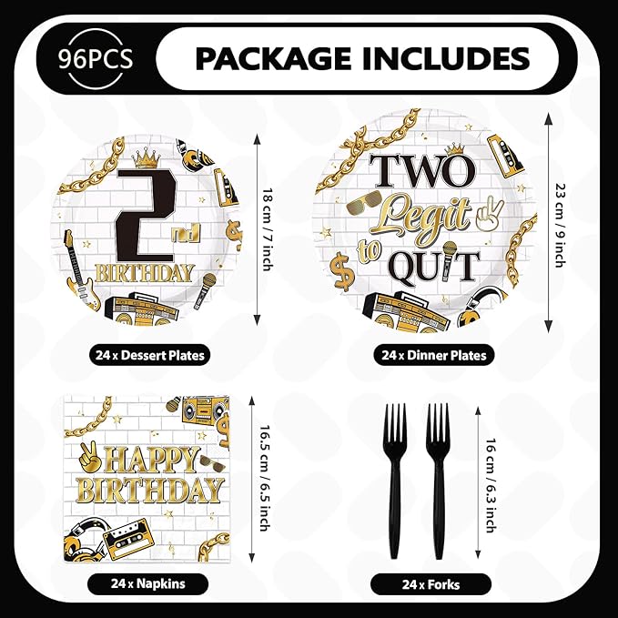 96Pcs Two Legit Quit Birthday Decorations Hip Hop 2nd Birthday Plates and Napkins Gold Black Rapper Theme Decorations for Kids Retro 90s Hiphop Two Years Old Bday Party Supplies Serves 24