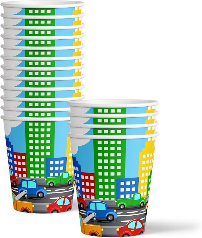 Cars and Trucks Birthday Party Supplies - Car Birthday Supplies for Boys - Little Cars Birthday Supplies for Toddlers | Tableware Set Includes Plates, Napkins and Cups | Kit for 16