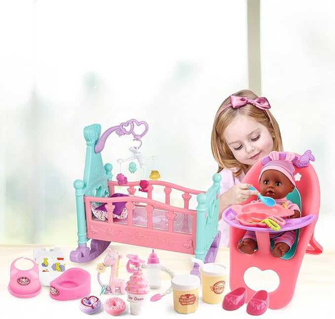 deAO Black Baby Doll Set - Mobile, High Chair, Stroller & Feeding Accessories - 21 Piece Play Set (Doll Included)