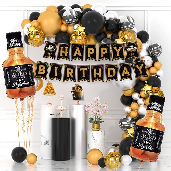 Whiskey Balloons Garland Arch Kit Silver Gold Black Latex Balloons Age to Perfection Whiskey Foil Balloons Happy Birthday Banner for Men Women Birthday Decorations Aged to Perfection Party Supplies