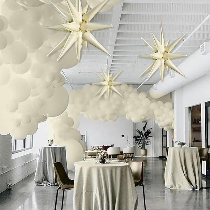 TONIFUL 4 Pcs 22inch 4D Cream White Explosion Star Mylar Balloons 14Point Star Balloons for Party Backdrop Christmas,New Year Birthday, Wedding Baby Shower Anniversary Photo Booth Supplies