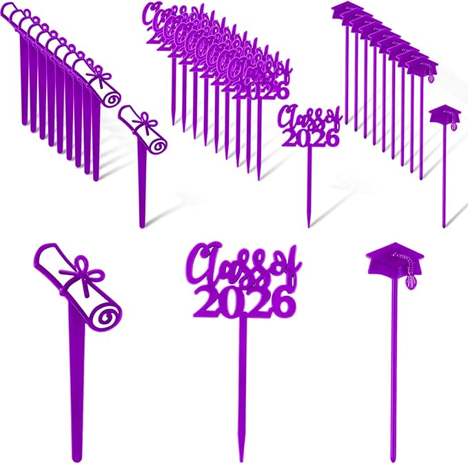 Boao 90 Pieces Class of 2026 Theme Graduation Cake Topper Plastic Cupcake Picks Graduation Cupcake Decorations for Party Supplies and Favors, 3 Styles(Purple)
