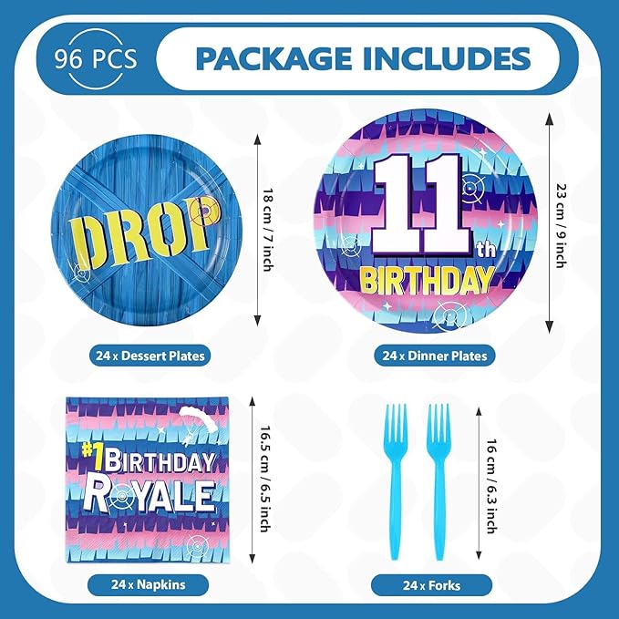 96Pcs 11th Video Game Birthday Party Supplies Happy 11th Game Theme Plates and Napkins Disposable Blue Drop Tableware Set for 11 Year Old Kids Boys Birthday Decorations Serves 24