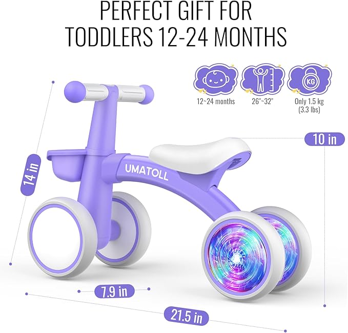 Umatoll Colorful Lighting Baby Balance Bike for 1 Year Old Boys Girls, 12-24 Months Toddler Bike with Basket, Adjustable Seat, First Birthday Gift (Purple)