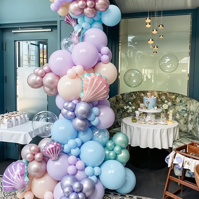 Mermaid Balloons, Macaron Pink Purple Green Metallic Balloons with Seashell Balloon for Girl Birthday Party Decorations Sea Theme Baby Shower Party Backdrop Supplies