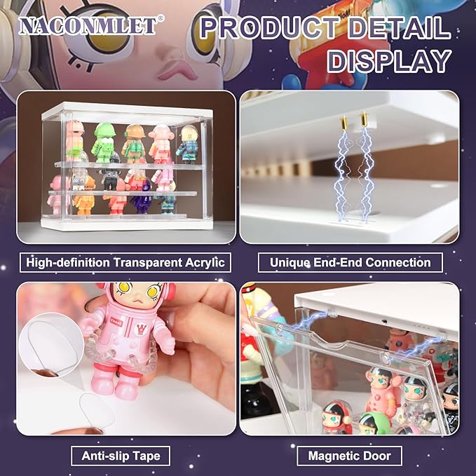 LED Acrylic Display Case for Collectibles, Cordless Power Stacking Showcase with 3-Tier Steps - Clear Dustproof Protector Box with Magnetic Door for Action Figures, Popmart, Funko pop