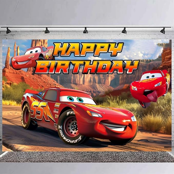 Cartoon Car Backdrop 5x3 Vinyl Maqueen Car Birthday Party Supplies Photography Background Picture Photoshoot Cake Table Decor Banner Shoot Drapes Poster