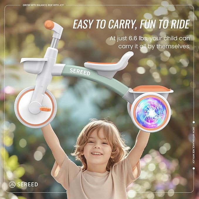 SEREED Colorful Lighting Toddler Tricycle for 2-5 Years Old Boys Girls, Adjustable Seat&Handlebar Trike, Removable Basket, Birthday Gift Idea for Kids Ages 2+ (Green)