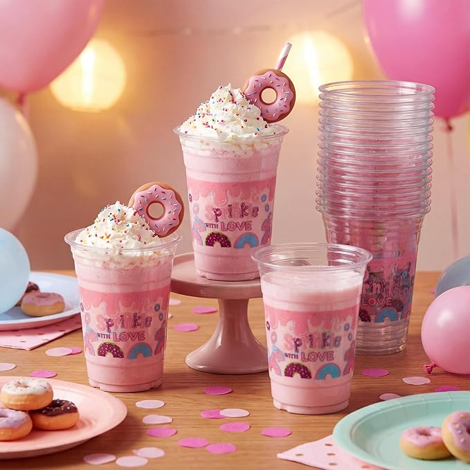 Qinyoung 50 Pcs 16 oz Pink Donut Sprinkle Cups for Donut Baby Shower Decorations Baby Shower Cups Plastic Disposable Drinking Birthday Party Supplies