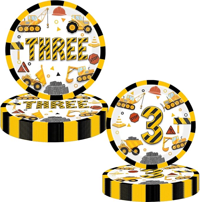 Construction 3rd Birthday Plates Construction Three Years Old Disposable Paper Dinner Plates Dinnerware for Dump Truck Theme 3rd Birthday Party Supplies Decorations