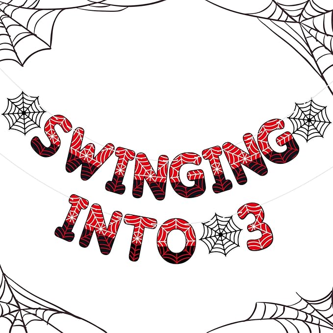 TaoBary Spider Theme 3rd Birthday Banner, Pre-strung Swinging into 3 Banner, Spider 3rd Birthday Decorations Party Supplies for Kids, Third Decor for 3 Year Old Boys Girls(Black and Red)