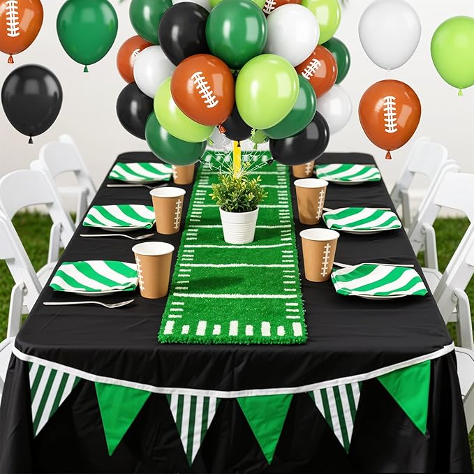 Football Balloons, 12 Inch Football Party Balloons, Dark Green and Black Balloons White and Brown Football Printed Latex Balloons for Boys Birthday Touch Down Rugby Sport Theme Party Decor
