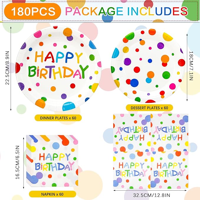 180PCS Happy Birthday Party Supplies Serves 60,Rainbow Dot Party Paper Plates and Napkins Set for Kids Boys Girls Birthday Party Decorations