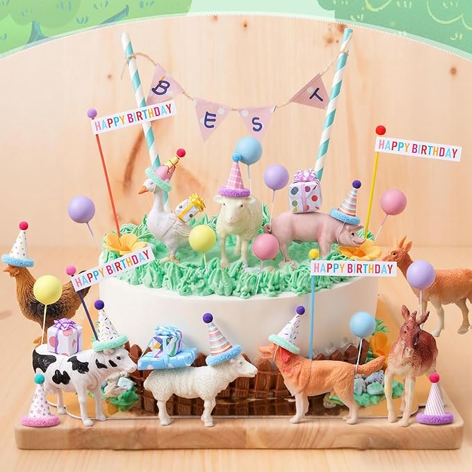 Weysat 37 Pcs Farm Animal Birthday Party Decorations, Farm Cake cupcake Toppers with Mini Hats Miniature Flags Gift Boxes Balls Bows Figure Models for Farmhouse Birthday Party Decor Supplies Adults