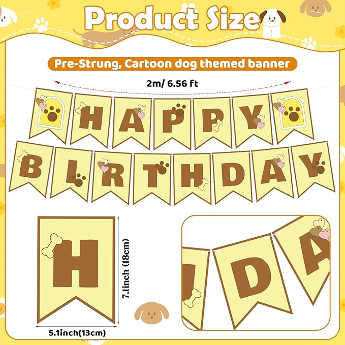TaoBary Yellow Cartoon Dog Birthday Banner Pre-strung Hanging Sign Cute Puppy Party Decorations Kawaii Yellow Dog Themed Banners for Girls Women Anime Birthday Party Supplies
