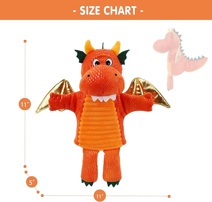 June Garden Plush Dragon Hand Puppet – Orange Fantasy Storytelling Toy with Golden Wings – Pretend Play Adventure for Toddlers and Kids