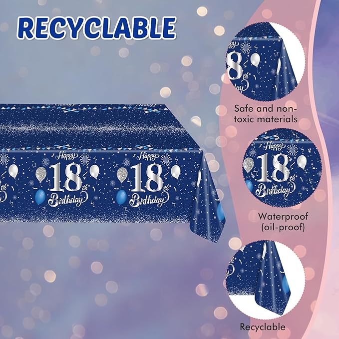 Blue 18th Birthday Decorations for Boys Girls Navy Blue Silver Happy 18th Birthday Napkins Tablecloth Plates for 18th Birthday Anniversary Party Supplies 18 Year Old Party Decorations