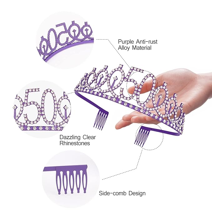 Purple 50th Birthday Decorations - Sash, Tiara, Crown & Party Favors
