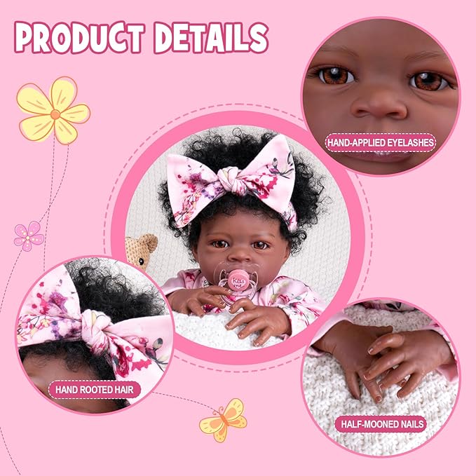 Aori Reborn Baby Dolls Black - 20-Inch Lifelike Black American Baby Girl, Realistic Soft Vinyl Newborn Dolls with Weighted Cloth Body, Set for Kids 3+