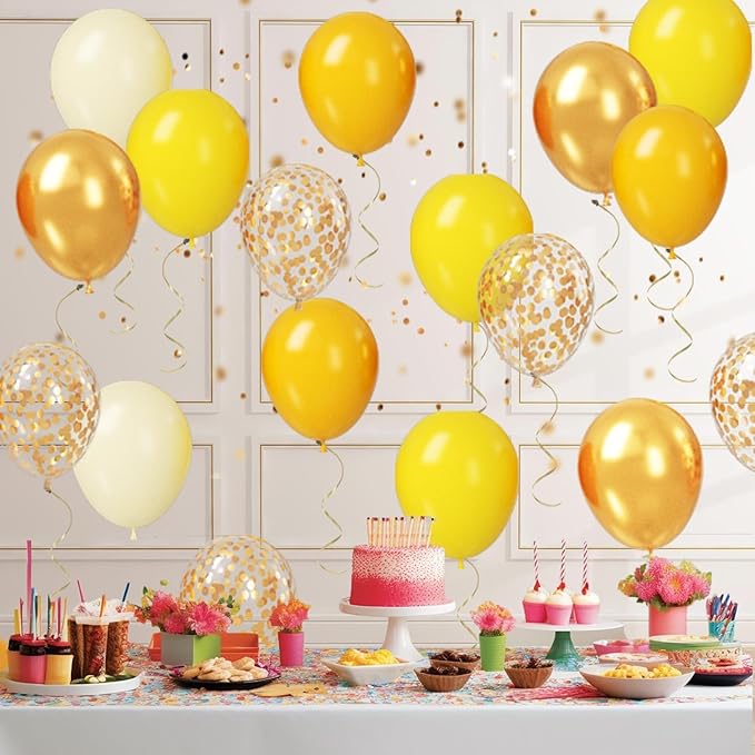 Paready Yellow and Gold Balloon Set - 50Pcs 12 Inch Metallic Gold Confetti and Light Lemon Latex Balloons for Baby Shower, Bee Party, Sunflower Fall Birthday Decorations