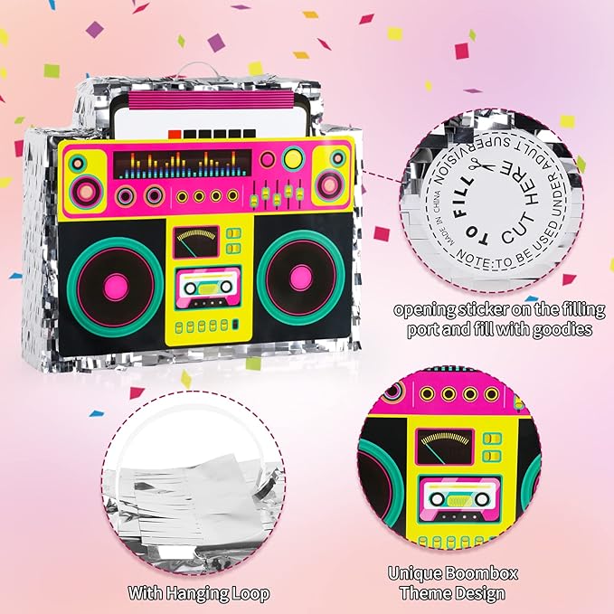 Boombox Pinata with Stick & Hanging Loop Retro 90s Theme Radio Music Mexican Pinata for Birthday Party Games Back to the 80s Party Supplies for Kids & Adults