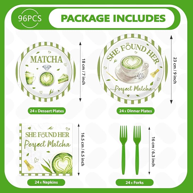 96Pcs Green Matcha Party Supplies She Found Her Perfect Matcha Plates and Napkins Green White Tableware Set for Bridal Shower Wedding Engagement Anniversary Party Decorations Serves 24