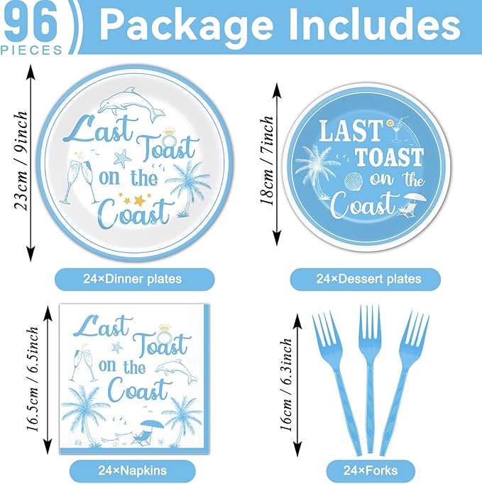 96Pcs Last Toast on the Coast Party Supplies Coastal Bachelorette Paper Plates Napkins Beach Pool Tableware Set Summer Dinnerware for Bridal Wedding Girl Birthday Party Baby Shower Decoration Serve 24