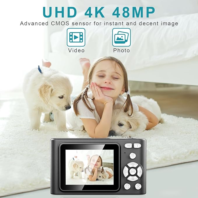 Digital Camera, Camera for Kids, UHD 4K 48MP Point and Shoot Digital Cameras with 64GB SD Card and 16X Digital Zoom Anti Shake, Compact Portable Small Gift for Boys Girls Students, Black