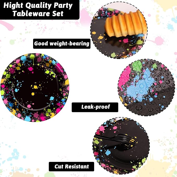 gisgfim 48 Pcs Neon Plates Party Supplies Glow Birthday Party Decorations Glow in Dark Paper Dessert Plates Disposable Neon Theme Birthday Graffiti Party Supplies Decoration Favors