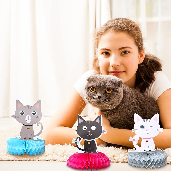 Chinco 9 Pcs Cat Party Centerpieces for Tables Birthday Decorations Honeycomb Cat Party Supplies Table Topper Decoration for Bridal Shower Wedding Birthday