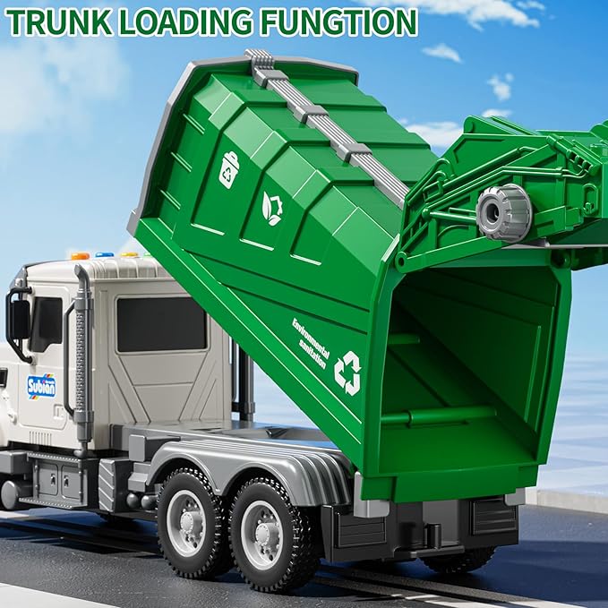 Kids Garbage Truck Toy Friction Powered Waste Management Garbage Recycling Truck with Lights, Sounds, 3 Rear Loader Trash Bins, Gifts for 3 4 5 6 7 8 Years Old Boys Girls