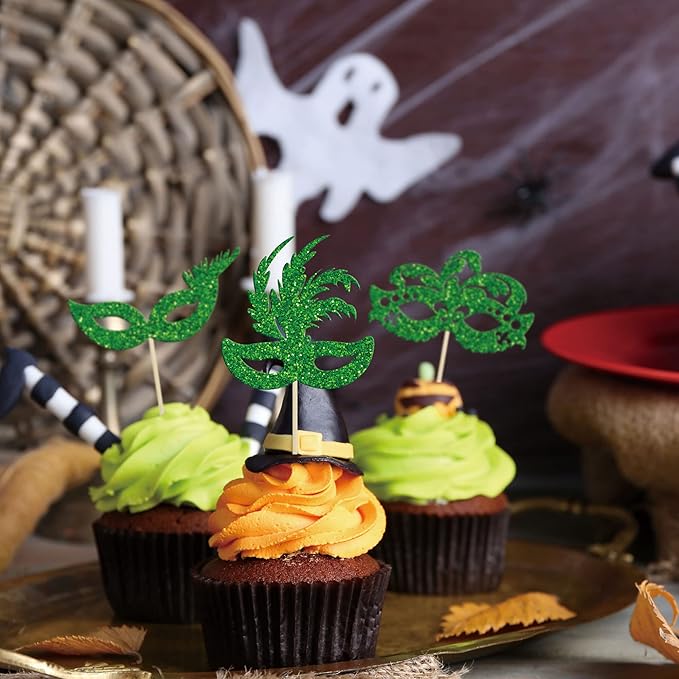 Gyufise 24Pcs Masquerade Masks Cupcake Toppers Green Glitter Bachelorette Party Mask Cupcake Food Fruit Picks Masquerade Mardi Gras Party Baby Shower Birthday Party Cake Decorations