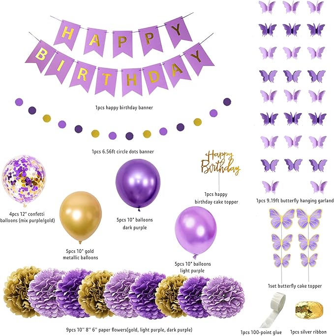 Ouddy Party Purple Birthday Decorations for Women Girls Butterfly Hanging Garland Happy Birthday and Circle Dots Banner Purple Gold Balloons Paper Flowers Cake Toppers for Party Decor Supplies