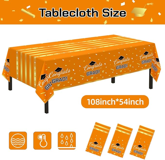 Childom 3 Pack Graduation Tablecloth,Graduation Decorations Class of 2026 Graduation Party Decorations,54"x108" Orange and Gold Plastic Table Cloth Disposable Rectangle for Home,School,Party Supplies