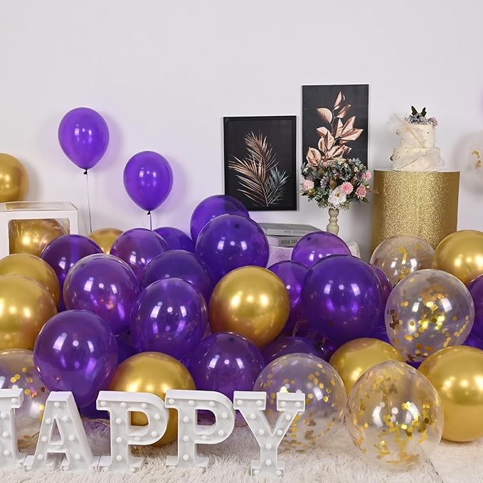 Purple and Gold Balloons, 60 Packs 12 Inch Dark Purple and Gold Confetti Metallic Party Balloons with Ribbons for Girls Women Birthday, Wedding, Graduation Decoration
