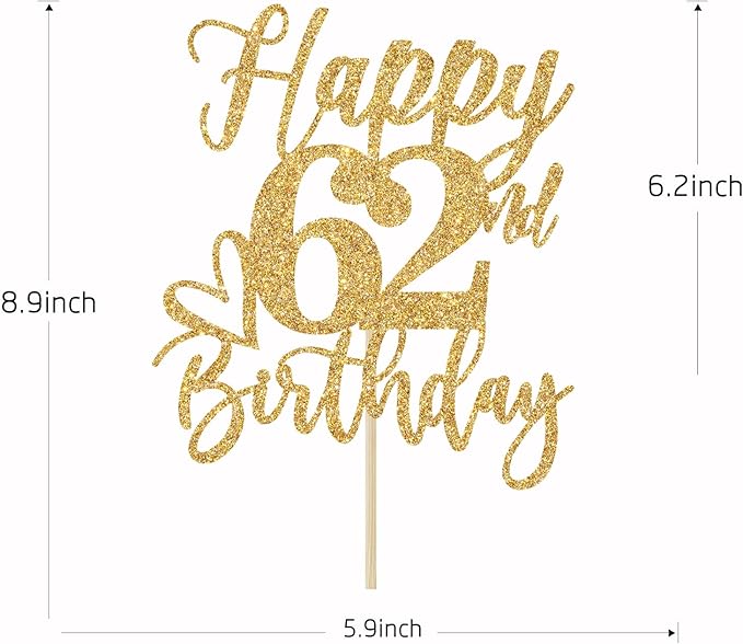 Happy 62nd Birthday Cake Topper, Cheers to 62 Years, Hello 62, Gold Glitter Party Supplies