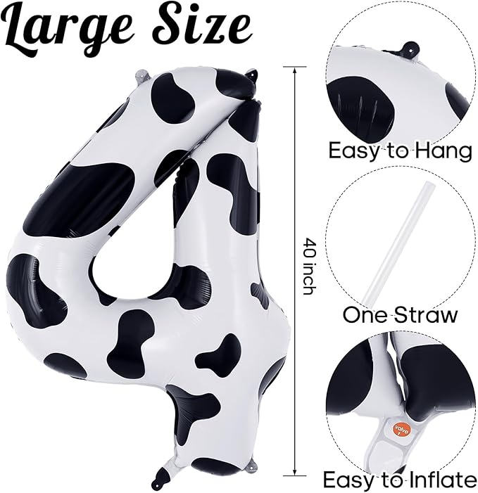 Cow Print Number 4 Balloon, Large 40 Inch Cow Number Birthday Balloons, Foil Mylar Number 4 Balloons for 4 Year Old Birthday Party Decorations Supplies Animal Farm Cowboy Cowgirl Themed Party