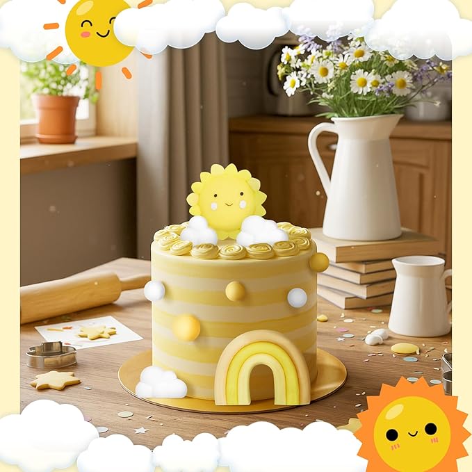 23 Pcs Sun Cake Toppers Soft Pottery with Sun Flower Smile Face Clouds Rainbow and Balls Cake Decorations for Sunshine Birthday Wedding Party Supplies