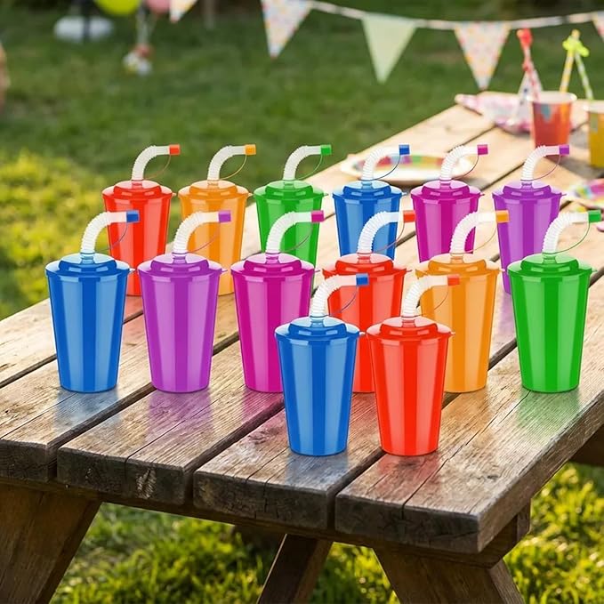 Zubebe 18 Pcs Neon Straws Cups 12 oz Colorful Neon Cups with Sipper and Lids Plastic Favor Reusable Straw for Birthday Party Events Supplies, 6 Colors