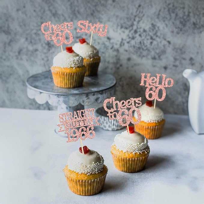 Ephlyn 24Pcs Happy 60th Birthday Cupcake Toppers Glitter Straight Outta 1966 Cupcake Picks Hello 60 Cheers to 60 Years Birthday Cake Decorations for 60th Birthday Anniversary Party Supplies Rose Gold