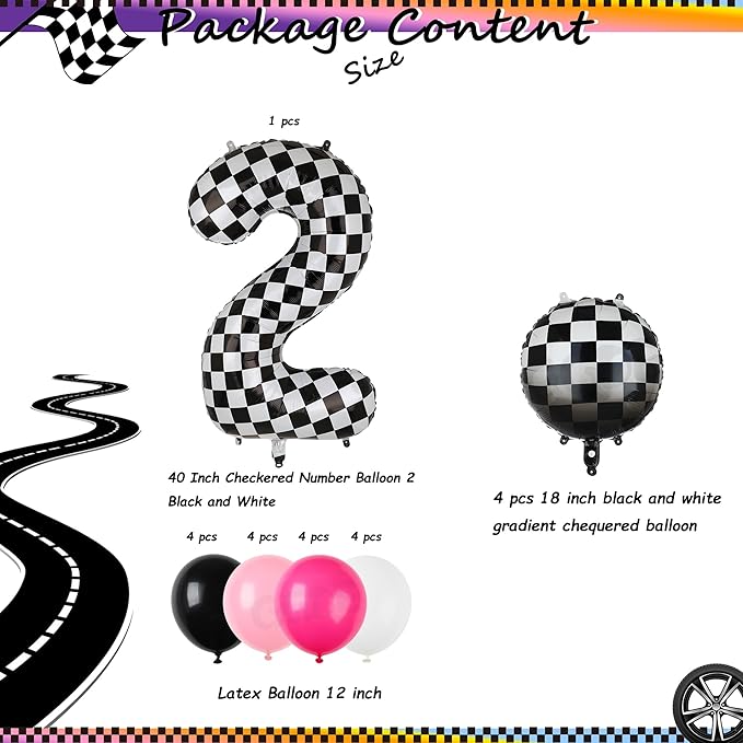 Race Car Balloon Bundle Pink Black 40 Inch Checkered Number Balloon 2 Black and White Race Car Latex Balloon Girls Two Fast Race Car 2nd Birthday Race Car Theme Party Decor Supplies 21 Pcs Kit
